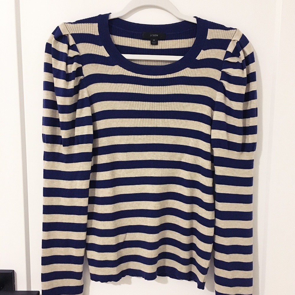 J Crew Blue/Beige Striped Puff Sleeve Ribbed Silk-Blend Sweater - M